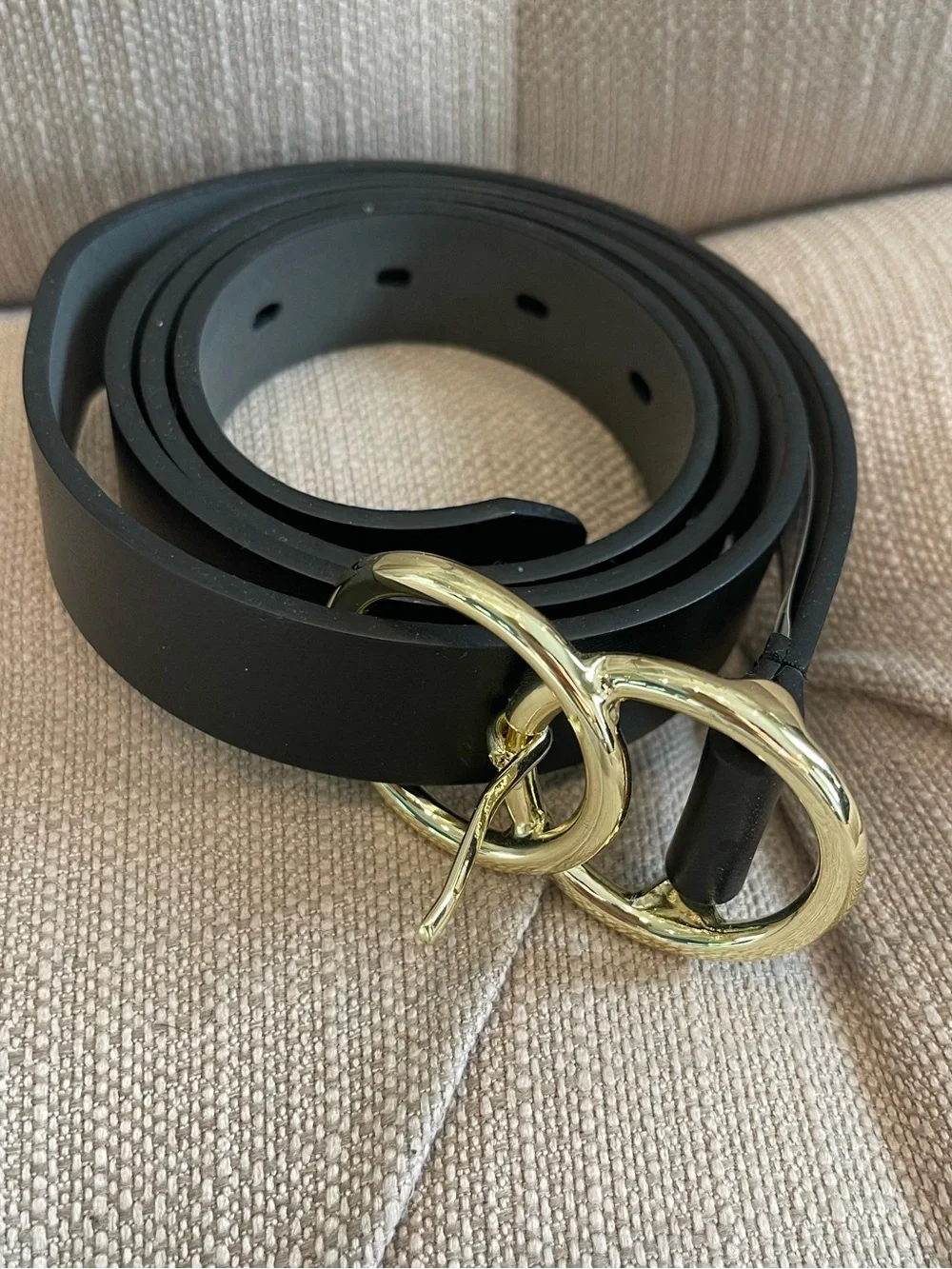Black Leather-Look Belt with Gold Double Loop Buckle Womens XL